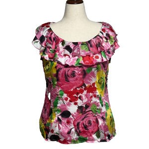 AGB Top Womens XL Pink Green Floral Colorful Tank Liner Ruffles Side Zip Beachy